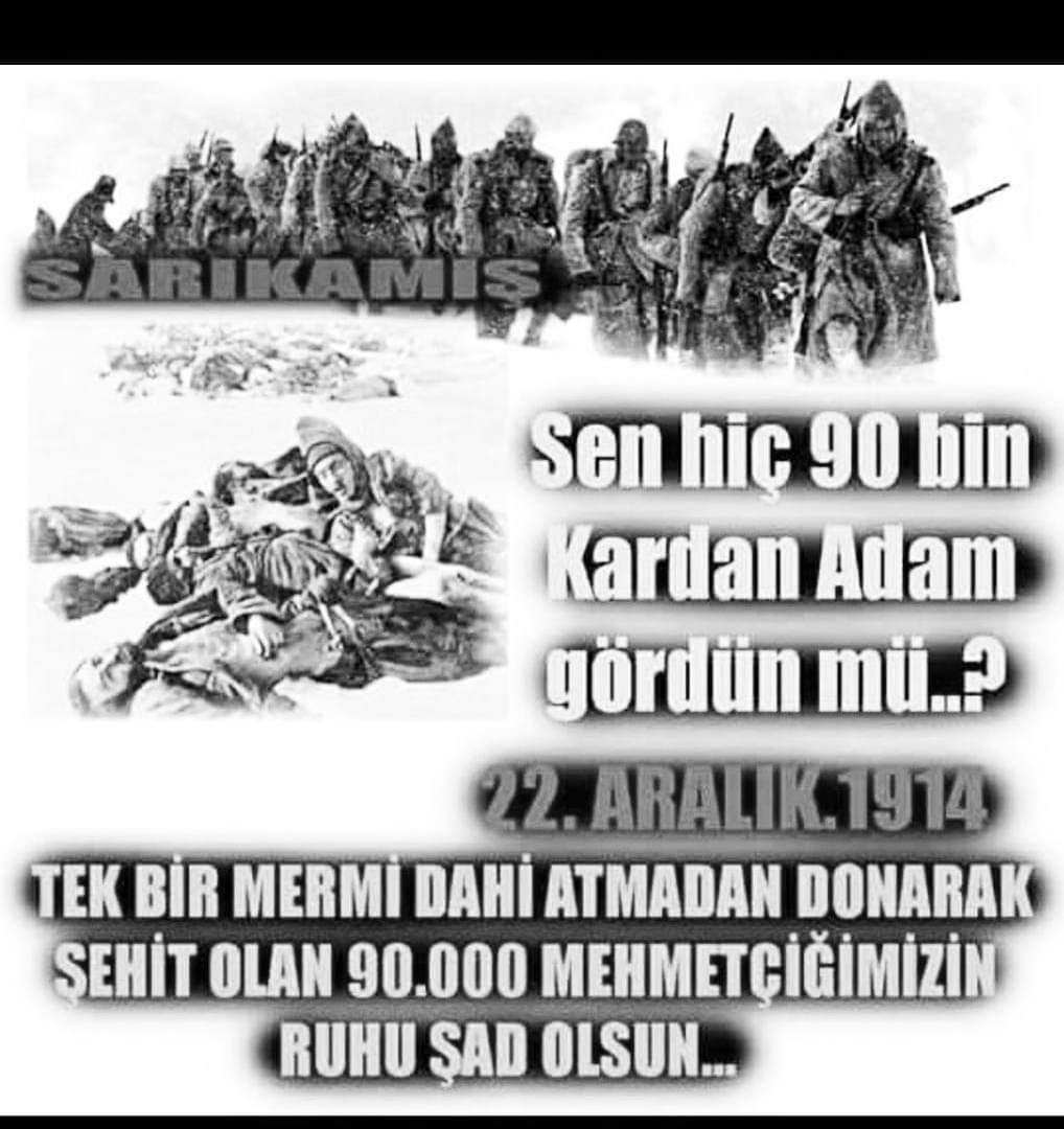 "Bugün bizden vatan razı olacak;
Nefer şehit, ordu gazi olacak. "

Sarıkamış şehitlerimizi minnet ve rahmetle anıyoruz.
#Sarıkamış
#22Aralık1914