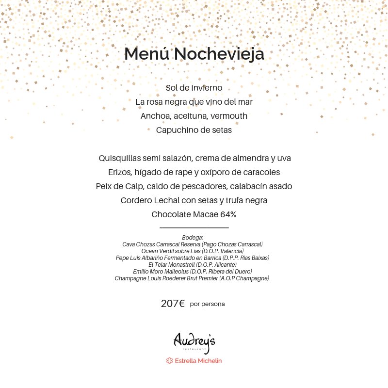 La Nochevieja es un momento mágico, vívelo en Audrey's ✨
Reservas -> 608 667 637
º
New Years Eve is a magic moment, live it at Audrey’s ✨

#Audreyscalpe #nochevieja