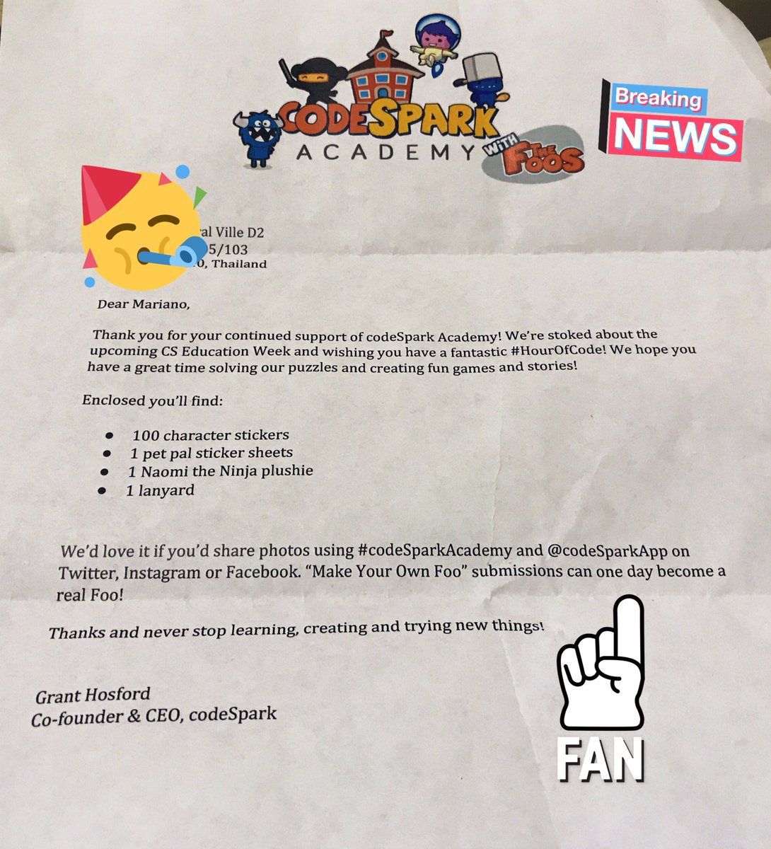 marianozuk's tweet image. What a nice surprise! #NinjaNaomi #codeSparkAcademy made it to #Thailand Thanks! @codesparkceo @codesparkapp #SISB #CreativeCoding #HourOfCode is not over 🖥📡👨🏻‍💻