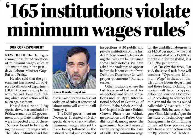 AapActive123's tweet photo. Delhi Govt conducted #OperationMinimumWages drive over last 10 days. Many institutes were found violating rules. District wise hearing will be conducted for all cases where violations reported. Govt will also send advisory to all HoD’s to ensure compliance of minimum wage rule. https://t.co/euZw0g2liu