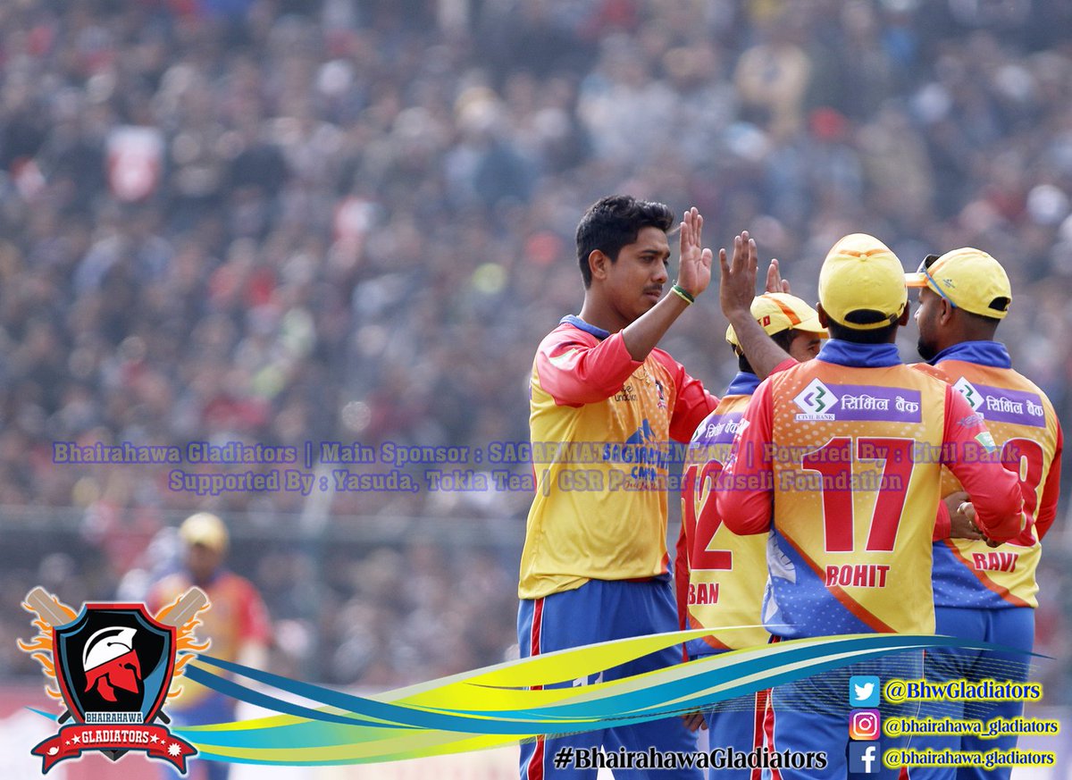 BhwGladiators's tweet photo. Patriots are all out for 155 runs. Gladiators will chase 156 runs for the title of EPL 2018.
#LPvsBG #TVSEPL2018 #BhairahawaGladiators #SagarmathaCement #CivilBank #ToklaTea #Yasuda https://t.co/J1rT4gZCxw