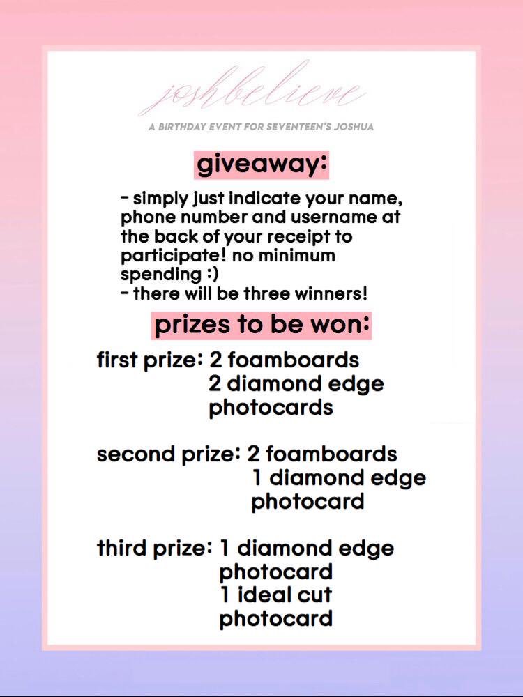 JoshBelieve3012's tweet photo. hello carats! here are the giveaway details!! more information in the pictures below :) good luck! https://t.co/HtiVhfC2aS