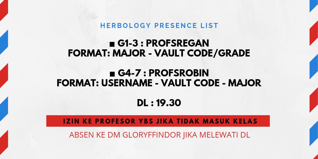 Gloryffindor's tweet image. 〔Herbology Presence〕

  *Notes: Kelas 4-7 tidak perlu mengisi presensi.

Reply below: