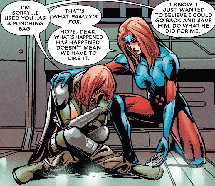 phoenixsource's tweet image. "I'm sorry... I used you... as a punching bag"
"That's what family's for"
—Jean Grey and Hope Summers in X-Men: The Exterminated