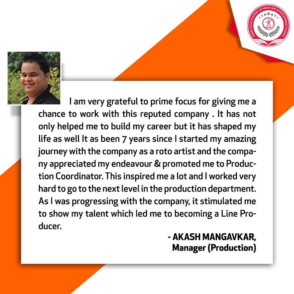 Pfames_Academy's tweet photo. Success stories at @Pfames_Academy always fill our hearts with joy.
We at #PrimeFocus feel proud to see our employees grow as we grow.
You too can have an enriching career like  Akash Mangavkar!
Here’s what he has to say about his journey at Prime Focus!
#Successstories https://t.co/Bs3XghdIVi