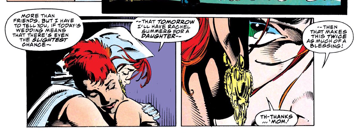 phoenixsource's tweet image. "If today's wedding means that there's even the slightest chance that tomorrow I'll have Rachel Summers for a daughte, then it makes it twice of a blessing"
—Jean Grey and Rachel Summers in X-Men (1991) #30