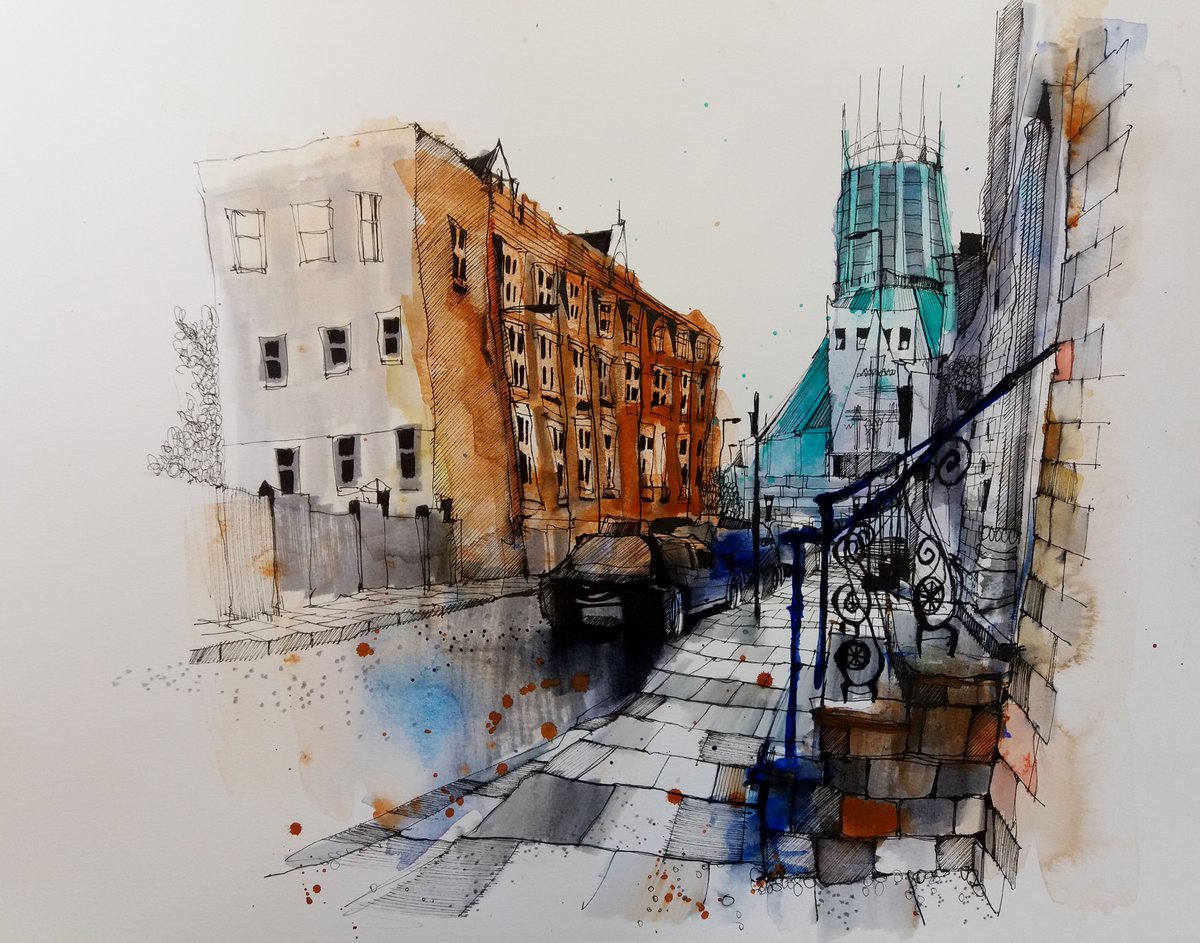 IanFennelly's tweet photo. Liverpool, pen and watercolour. https://t.co/8FB3gjMrHr