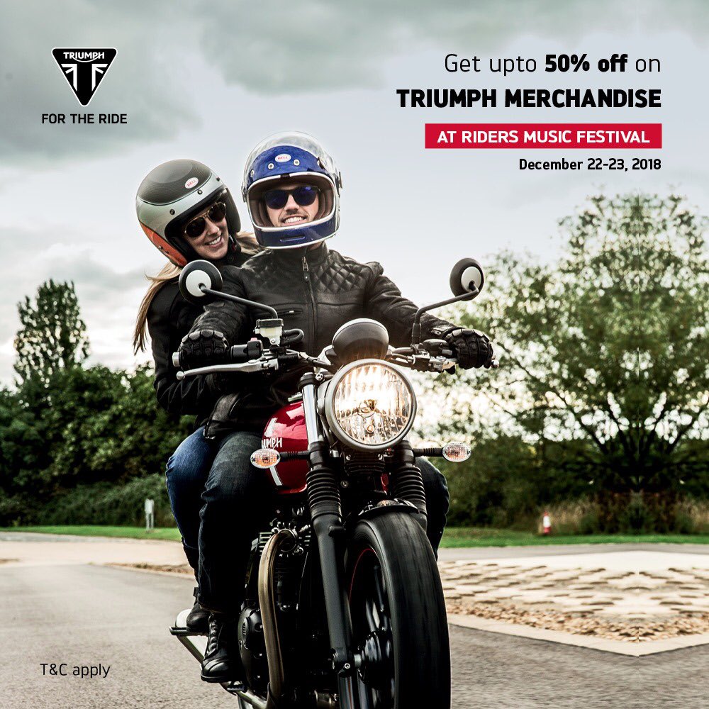 IndiaTriumph's tweet photo. Get official Triumph merchandise at upto 50% off only at our stall at Riders’ Music Festival - only for today and tomorrow! #TriumphGroovesAtRMF #MotoMusic #ForTheRide https://t.co/hMXK9xNNPR