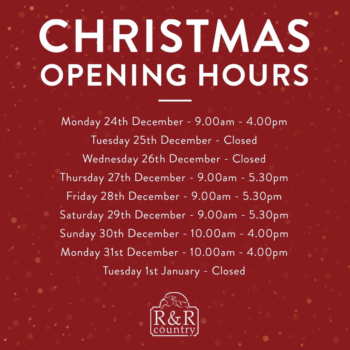 Over Christmas our opening hours will be slightly different. We are still open most days but it might be worth double checking the times below before making your journey to us 😊 🎅
