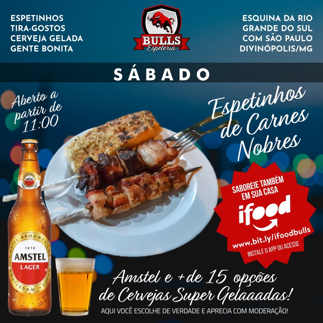BullsEspeteria's tweet photo. No sábado a Bulls Espeteria abre pro Happy Hour das 11 horas e segue tarde e noite afora. Vem pra cá saborear os melhores espetinhos da cidade, elaborados com carnes nobres e selecionadas. #bullsespeteria #sabado #finaldesemana #ifood #android #iphone #cervejagelada #divinopolis https://t.co/GBFswctKpS