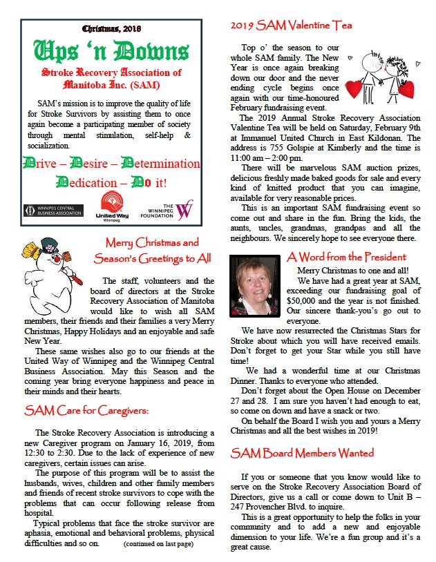 StrokeRecoverMB's tweet photo. Check out our Winter 2018 Newsletter to find out what's going on at The Stroke Recovery Association of Manitoba! You'll find information on our NEW caregivers program, board member Allison's stroke story, how to recognize a stroke and much more! https://t.co/drvPA1ILB7 https://t.co/4Sxs2EPV1a