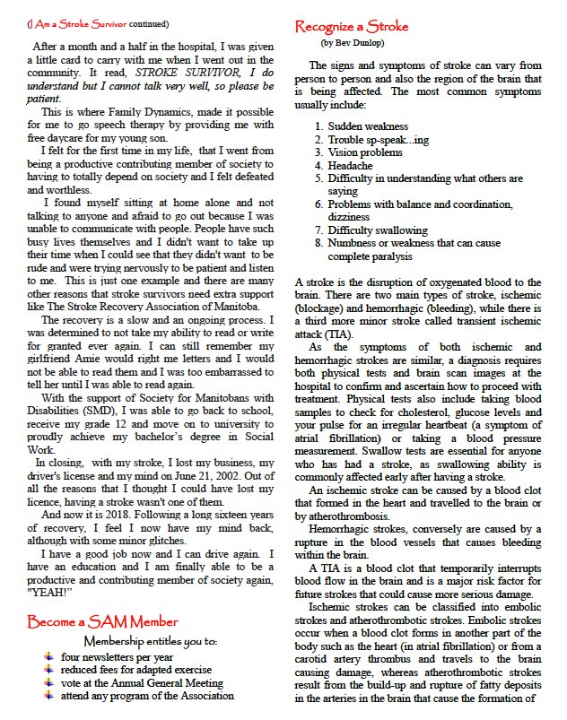 StrokeRecoverMB's tweet photo. Check out our Winter 2018 Newsletter to find out what's going on at The Stroke Recovery Association of Manitoba! You'll find information on our NEW caregivers program, board member Allison's stroke story, how to recognize a stroke and much more! https://t.co/drvPA1ILB7 https://t.co/4Sxs2EPV1a