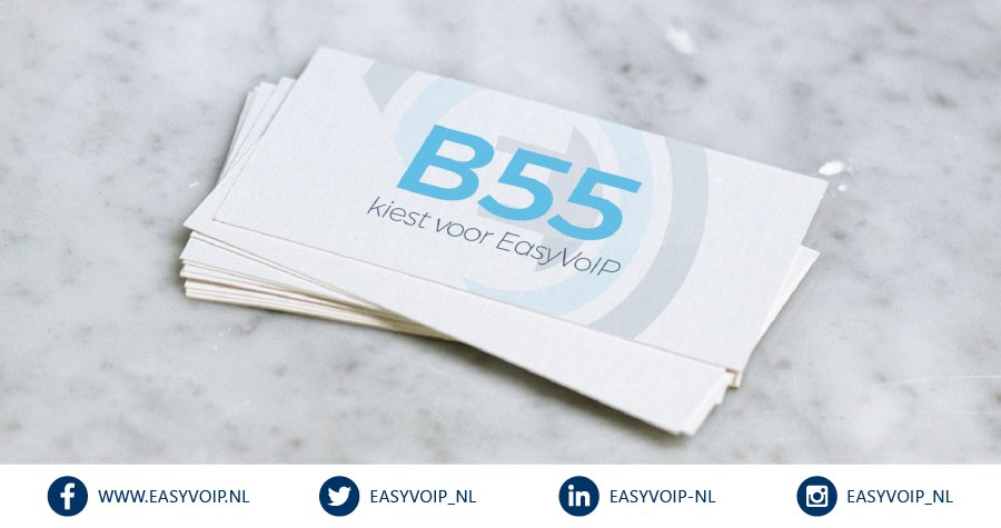 Tassen, schrijfwaren, auto’s, accessoires, noem het maar op…
B55, de expert op gebied van promotionele artikelen, heeft het allemaal. Deze
maand kozen zij voor het gemak van EasyVoIP telefonie: zo beginnen zij het
nieuwe jaar met veel flexibiliteit en werkgemak!