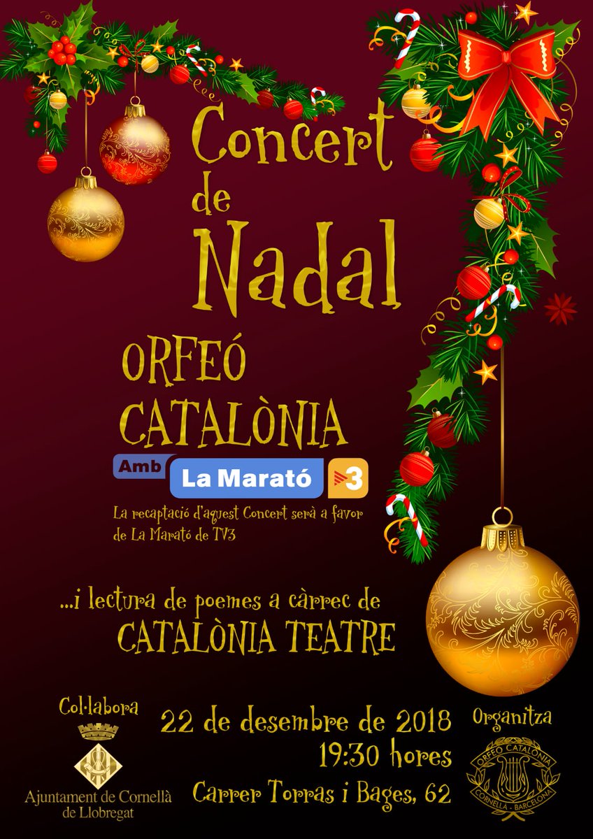 eli_onco's tweet photo. Aquest vespre, a Cornellà d Llobregat, el Concert de Nadal de l'Orfeó Catalònia d'enguany es farà x a #LaMaratóTV3
Encara hi ha activitats en favor de @la_marato ... Fins el 31 de març es poden seguir fent donatius! 🤗💙
#LaInvestigacioDonaVida
#HoVisc https://t.co/HYCibHeg0L