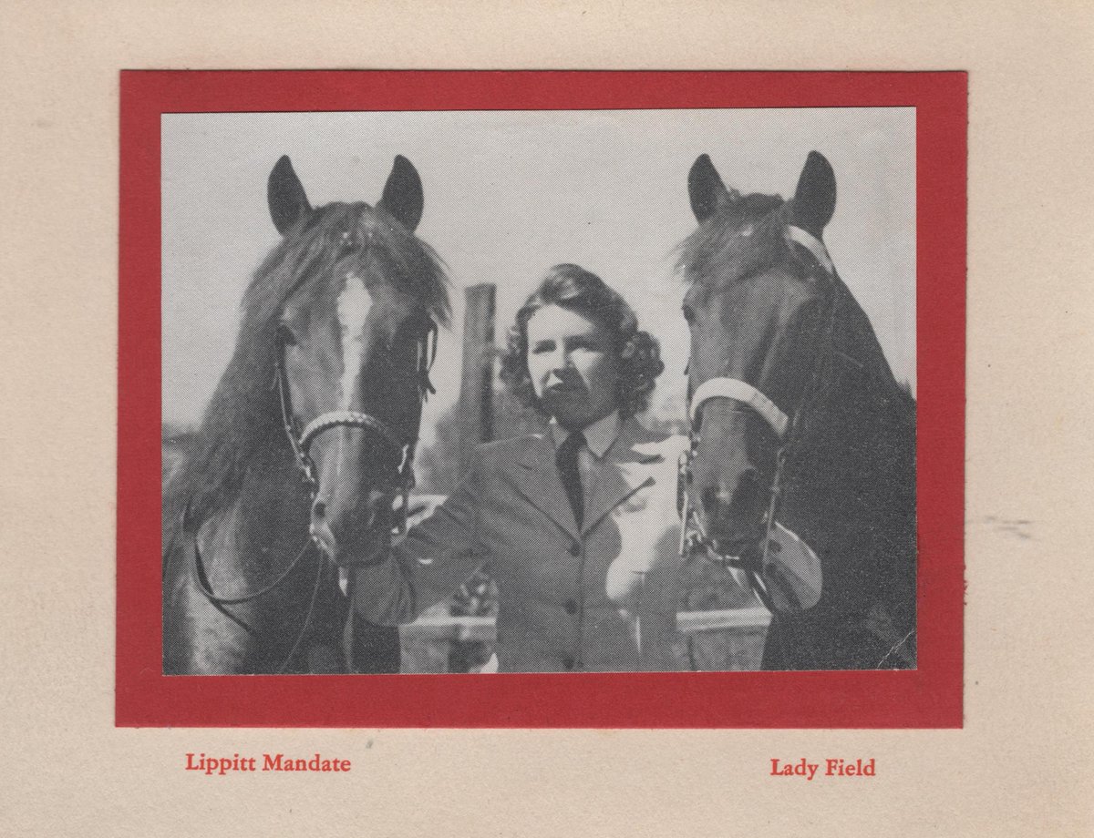 Calendar card from the 1950s with black and white photograph of Lippitt Mandate, Marilyn (Carlson) Childs, and Lady Field.