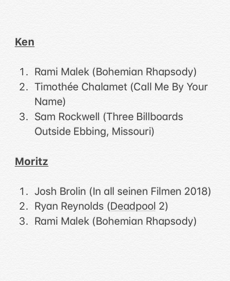 Noch zweimal schlafen bis Weihnachten und unseren Besten Filmen 2018.

Zuvor unsere Top3 der besten Schauspieler. 

Welche männliche Rollenverkörperung hat euch dieses Jahr am meisten beeindruckt?