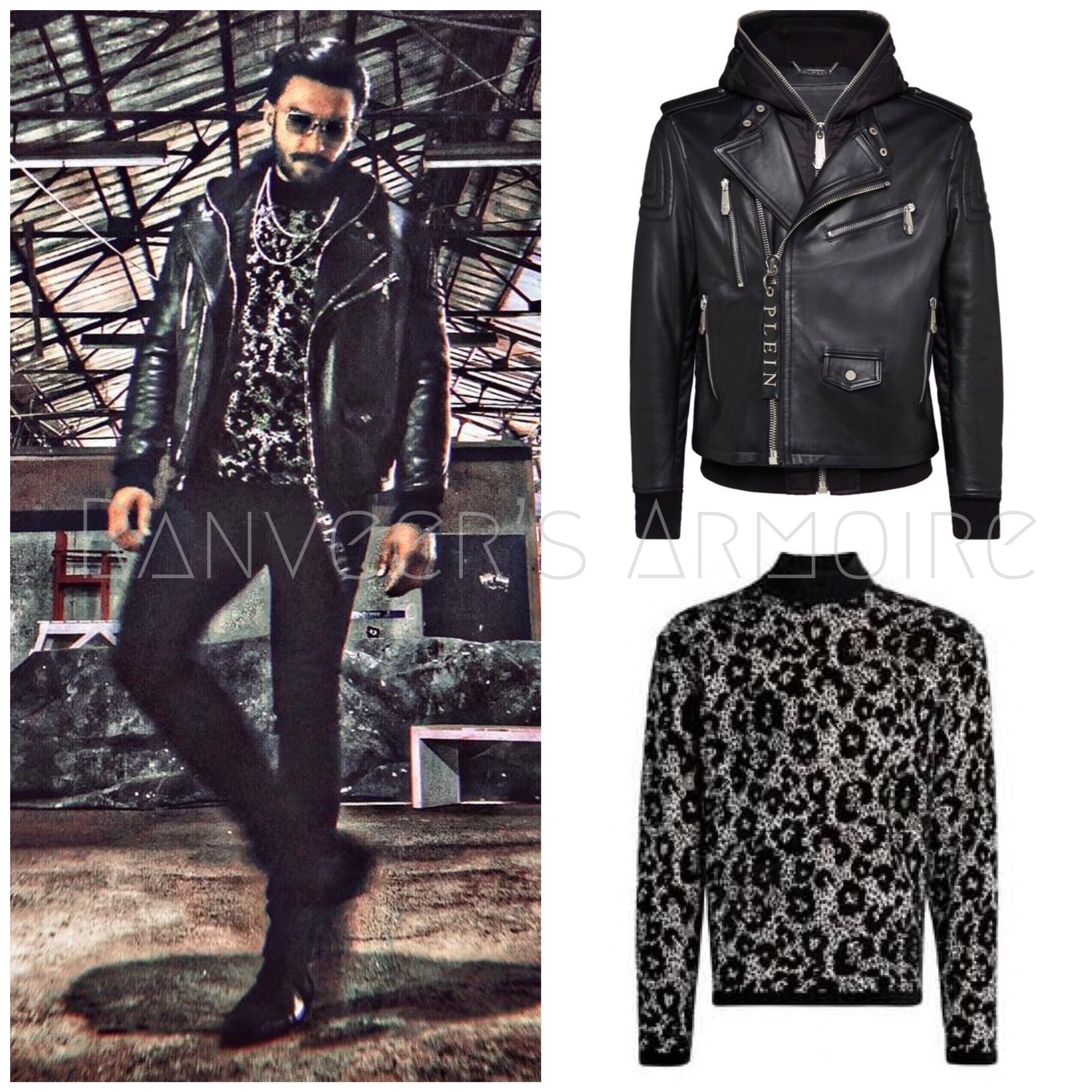What RS Wore on X: Ranveer Singh in a Philipp Plein leather jacket,  Roberto Cavalli jacquard sweater, Jack&Jones jeans & Balmain boots  😍😍🖤🖤 Stylist - Nikita Jaisinghani  / X