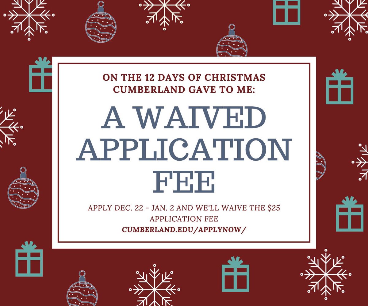 Here's a gift from <a href="/CumberlandU/">Cumberland University</a>!
We are waiving application fees
if you submit your application
online from now through January 2, 2019. Once you submit your application, logout and do not pay the fee. #NoRefunds #ItsTimeToRise

cumberland.edu/applynow