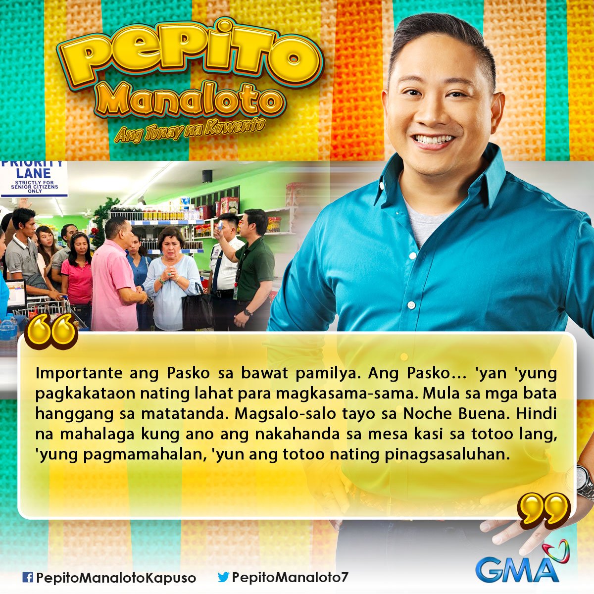 PepitoManaloto's tweet photo. All together now: "Hindi na mahalaga kung ano ang nakahanda sa mesa kasi sa totoo lang, 'yung pagmamahalan, 'yun ang totoo nating pinagsasaluhan." 

Thank you all for watching #PepitoPaskoProblems <3 @michaelbitoygma https://t.co/sgVuE88zbz