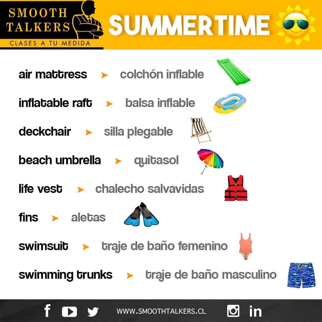 Clases de inglés/español/portugués online en vivo on Twitter: es oficialmente verano! Aprende vocabulario específico de objetos y ropa para ir a la playa 🏝 #SummerTime #Beach #Vocabulary #SmoothTalkers https://t.co/QF2lazZdXb" Twitter