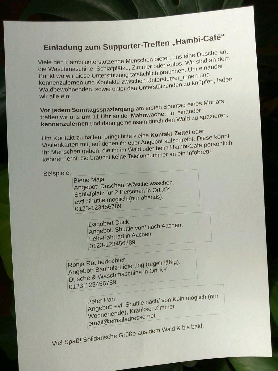 HambiBleibt's tweet photo. 🌳☕ Einladung für Hambis &amp; Supporter_innen zum Hambi-Café zum Kennenlernen 🤝 &amp; Kontakte tauschen📝☎️📲. Immer vorm Waldspaziergang: um 11h @HambiMahnwache. ✌️
Weitersagen! ☕🌳

#HambacherWald #HambacherForst 
#hambibleibt https://t.co/O5Irk3l3iA