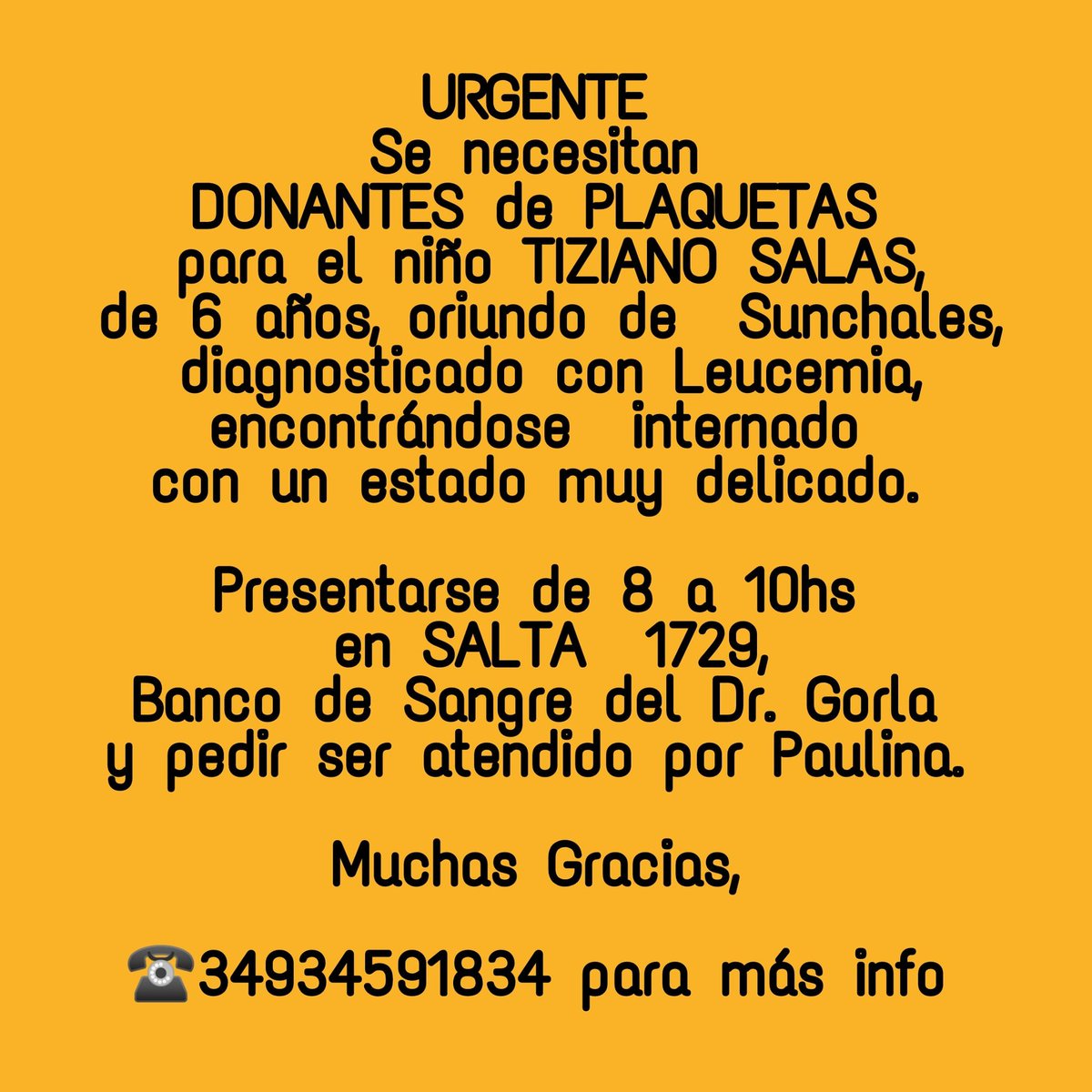 📣URGENTE
#donantesdeplaquetas
para Tiziano, un niño de 6 años diagnosticado con leucemia.

#donasangre
#donaplaquetas
#comunidaddonante