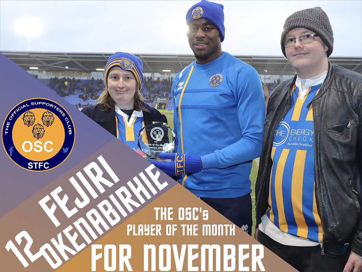 STFCOSC's tweet photo. The @STFCOSC's Player of the month for November is @Fejiri__ presented at @shrewsweb 2-2 draw against @theposhofficial by @shrewsrachael & @bodge4uk.
Congratulations to @Fejiri__
#Salop
#SalopBeyond https://t.co/0sismC9iSh
