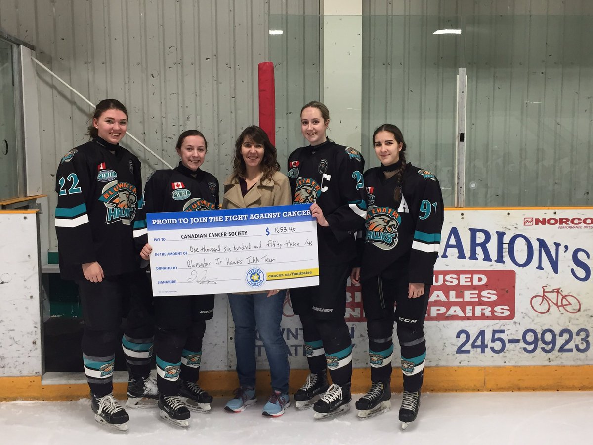 Bluewater Jr Hawks were proud to present their Pink the Rink fundraising cheque to Sondra Diebold from the Canadian Cancer Society.