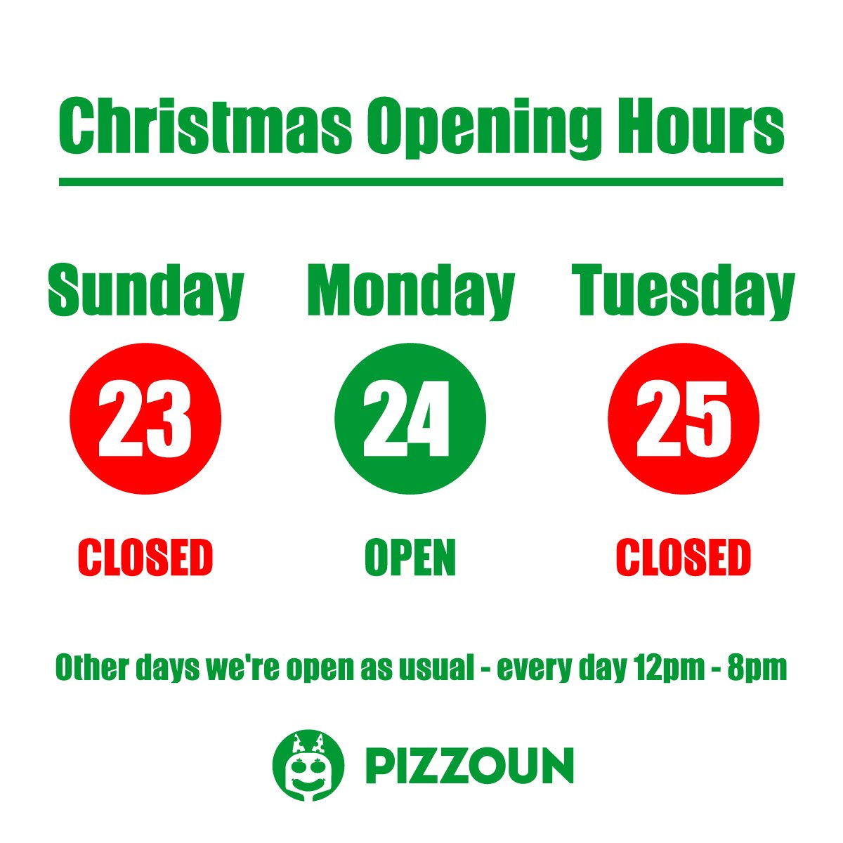 pizzoun's tweet photo. 🕒🎄  Check out our Opening hours during Christmas 🎄🕒
😀😏 Basically we're open every day except of 23rd and 25th 😏😀
#pizzoun #torrance #palosverdes https://t.co/dD4om0Q4ao
