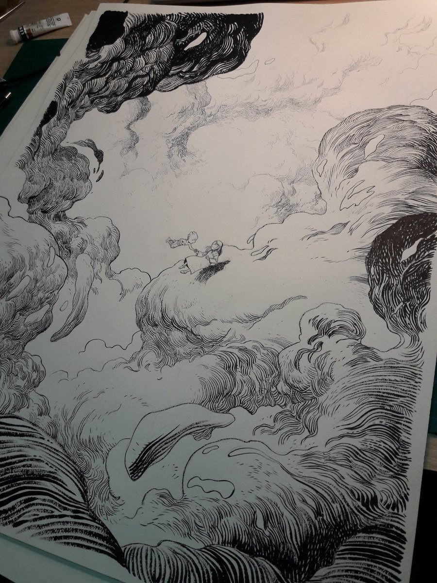 Illustration grand format avec Blanche, Sombre, et des nuages. #legrandmort 