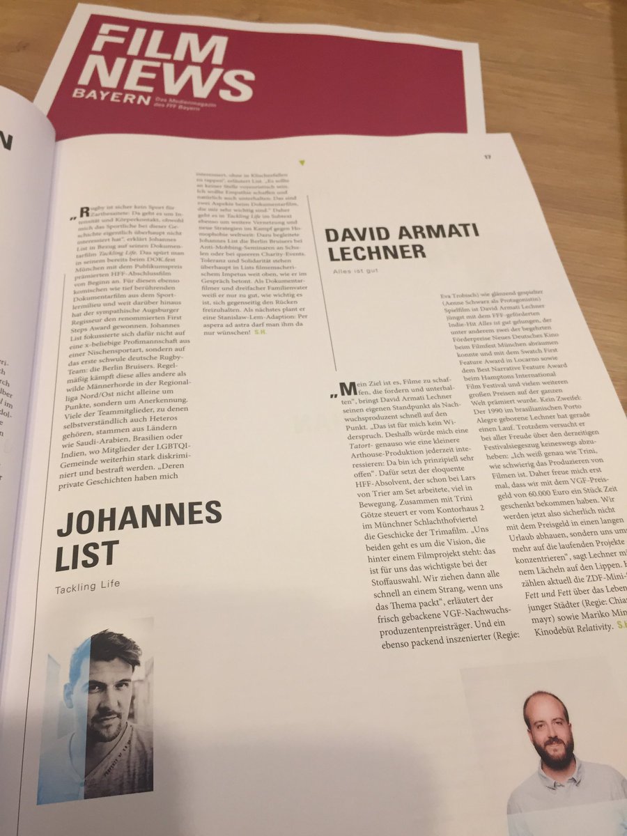 Simon_sieht's tweet photo. Frisch auf den Tisch: Ich habe 3 ebenso junge wie erfolgreiche und höchst ambitionierte #Filmschaffende für die neue Ausgabe der #Film #News #Bayern des @FFFBayern porträtiert. #JohannesList #DavidArmatiLechner #AlexanderHick #FFF #Print Allesamt  Absolventen der @HFF_Muenchen https://t.co/c1a5Nh2co7