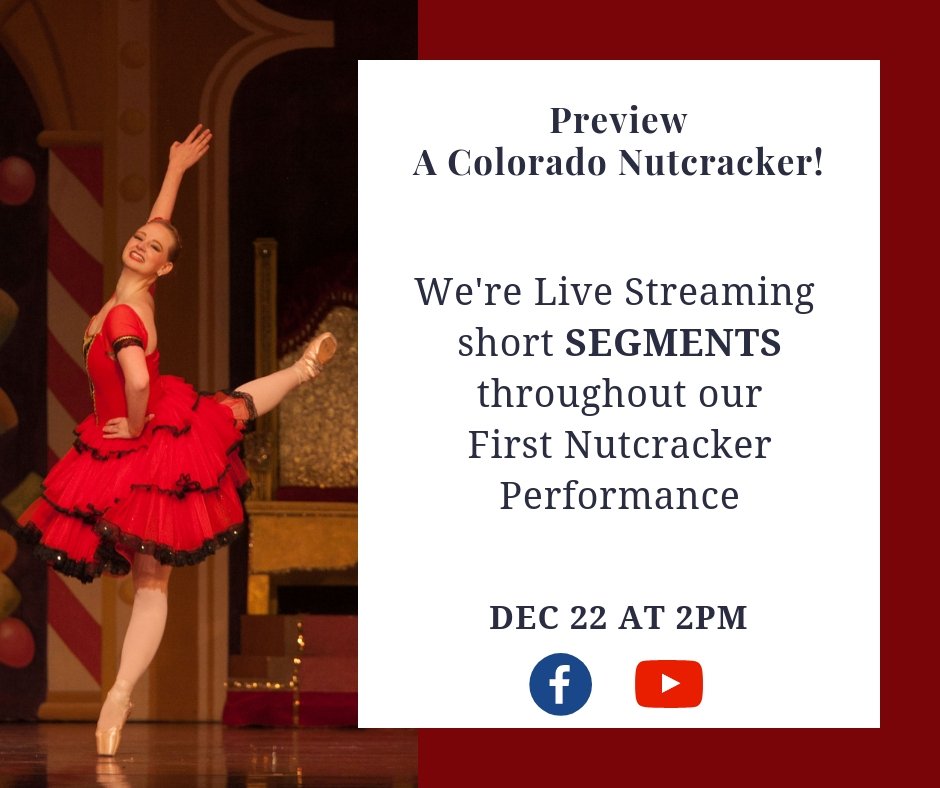BalletSociety's tweet photo. Join us LIVE on Facebook and YouTube for SHORT segments of our first Nutcracker performance: Saturday, 22 Dec at 2 pm (MT), our SOLD OUT show!

#ColoradoBalletSociety #AColoradoNutcracker #ColoradoSprings #LIVEstream https://t.co/z59pSFkZpt