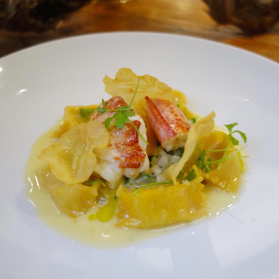 ChefMattStowe's tweet photo. Celeriac agnolotti, butter poached Nova Scotia lobster, celery a la greque, verjus butter #pasta #agnolotti #lobster https://t.co/ByErD6afxW