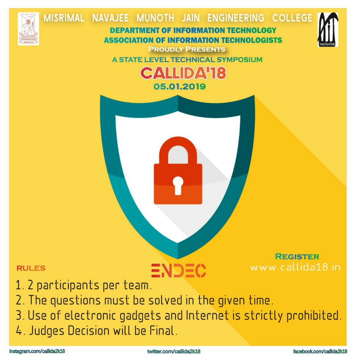 callida2k18's tweet photo. Callida'18 V2.O - EVENT POSTERS - 1
Register now at https://t.co/oSP5D89uZs 
Save your date on 05.01.2019 (Saturday)

#callida #callida18 #callida2k18 #callida19 #callida2019 #statelevel #technical #symposium #mnmjec #chennai #informationtechnology #twittercallida18 https://t.co/4LEpb16s2c