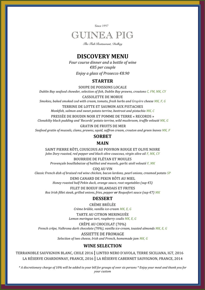 GuineaPigRest's tweet photo. Our Incredible Discovery Menu 🍴🍾| 
Four course dinner and a bottle of wine for €85 per couple. Reservations: 📞 01 285 9055, or, 📧info@guineapigrestaurant.ie 🍴
#GuineaPig #Dinner #DiscoveryMenu #Fench #Seafood #Restaurant #Dalkey #Dublin #DineInDublin #DiscoverDublin https://t.co/hxMF8Y2PlC