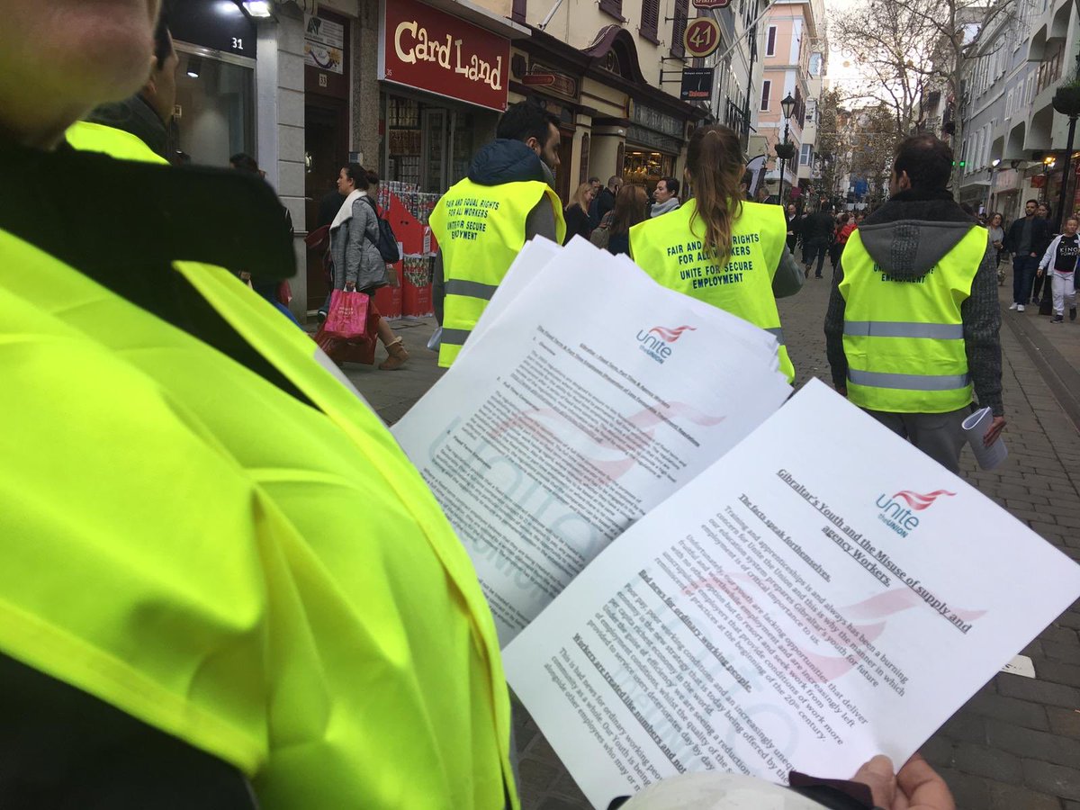 GBCNewsroom's tweet photo. Over 40 @UniteGibraltar reps walked Main Street earlier calling for fair &amp; equal rights for all workers. They want short term contracts in the private &amp; public sector to be swapped for more secure employment. Spokesperson told GBC the feedback from the public was very positive. https://t.co/BzAnn9POA6