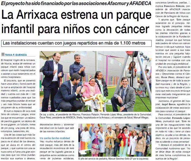 Salud_21's tweet photo. El #proyecto fue #financiado x @AFACMUR1 y #AFADECA. El @AreaUnoArrixaca estrena 1 #parqueinfantil para #niños con #cáncer. Las #instalaciones tienen #juegos repartidos en + de 1.100 metros. https://t.co/zwKHmilMNJ pág. 22
@LopezMirasF @Murciasalud @BaezaAlcaraz @msanchezsolis https://t.co/0xvrgxLf22