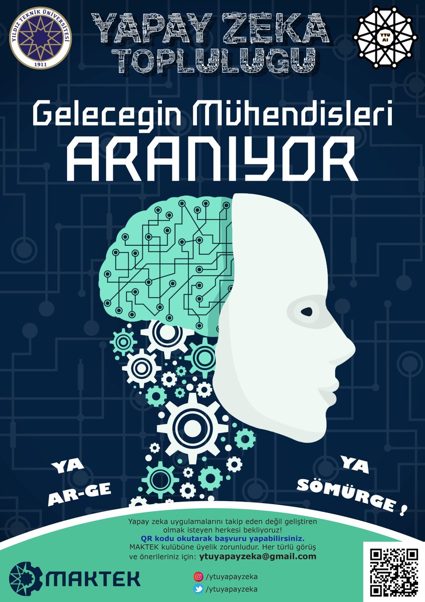 Yıldız Teknik Üniversitesi Yapay Zeka Topluluğu resmi olarak  çalışmalarına başladı! Bu ailede sen de yer almak istiyorsan aşağıdaki linkten başvurabilirsin:

goo.gl/forms/LypBQeVr…

Her türlü soru, görüş ve önerileriniz için: ytuyapayzeka@gmail.com

#yapayzeka #AI