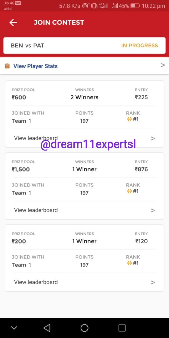 dream11expertsl's tweet photo. #Dream11 
#VivoProKabaddi 
#BENvsPAT
Wt a day cleansweep all matches
100% winnings sucess rate today https://t.co/VFpttdttsy