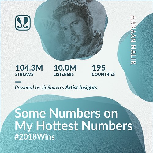 ArmaanMalik22's tweet photo. 104 Million Streams &amp; 10 Million plus listeners in 2018 and not only that; my music reached out to 195 countries worldwide!!

Thank you @JioSaavn for your #ArtistInsights, the year is definitely ending in the best possible way! 🔥💪🏻 https://t.co/U5YpjEFl2J