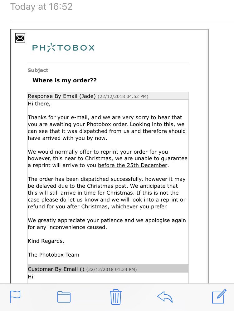 laila_ryan's tweet photo. @PhotoBox_Help @Monique85684071 @PhotoBox_Help @Photobox told on thurs my order would be printed and dispatched. Told on Friday my order would be printed and dispatched. today i query it again,get an email to say that it has been dispatched at 16.52 then I speak to another agent at 17.05 an it’s not sent?#liars https://t.co/ugl0xPmsRn