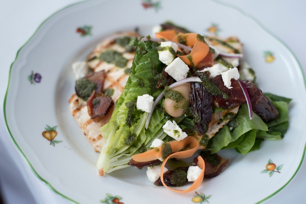 one more day for chicken paillard with bacon, little gem, feta, dates, pumpkin seed pesto #weekenders