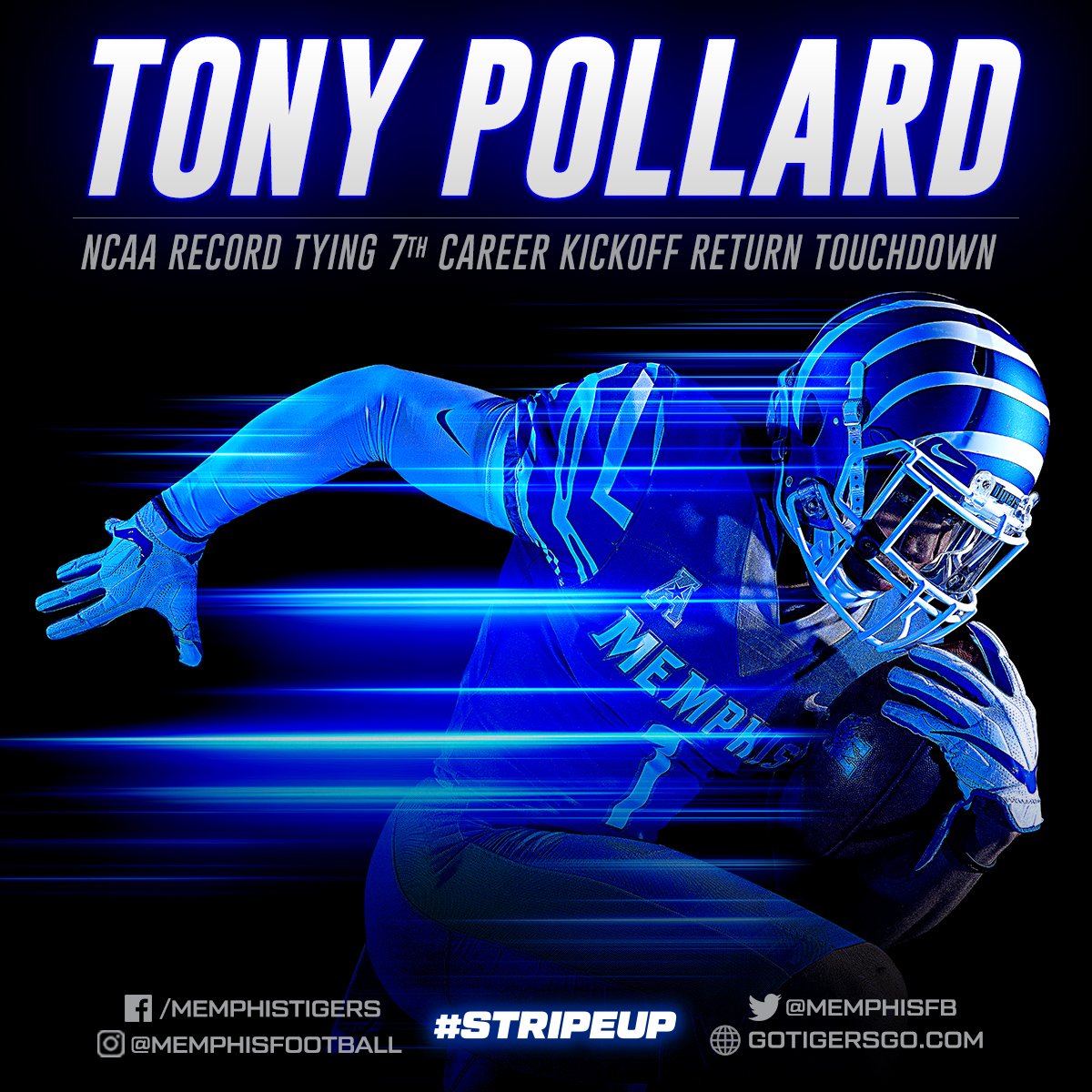 MemphisFB's tweet photo. TONY POLLARD!!! HE JUST SET THE NCAA RECORD!

That is his SEVENTH career kickoff return touchdown.

Memphis leads 28-10!

#GoTigersGo https://t.co/1ihUGLlJwA