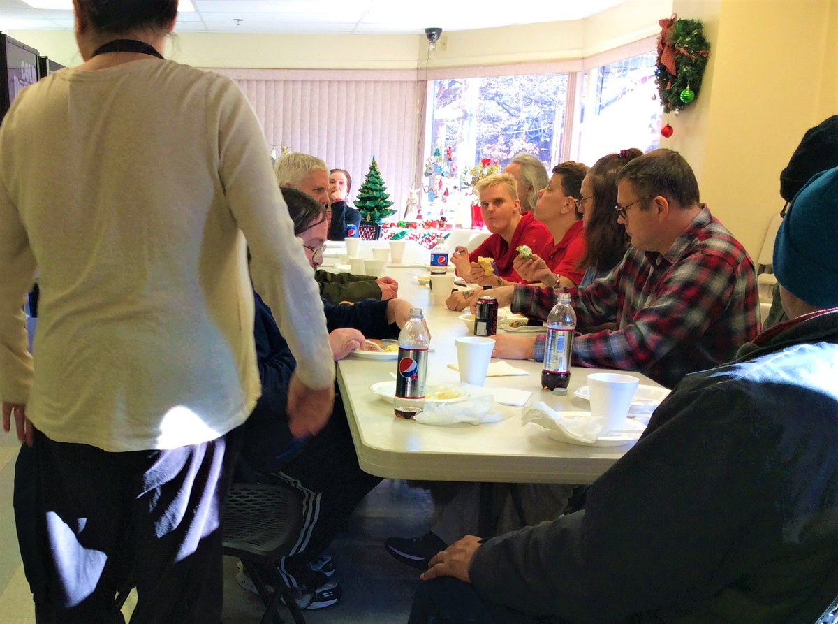 The Drop-in Center had a holiday gathering with sandwiches, vegetables, and sweets thanks to the great folks at @UnionLutheran! Reverend Joel Folkemer stopped by and said a blessing before the lunch started. He said, “We’re so happy to be a neighbor to all of you.”
