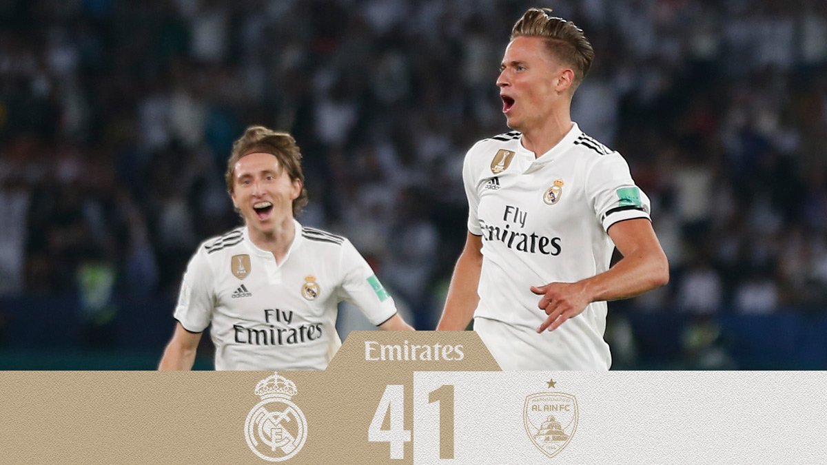 FULLTIME: Real Madrid 4-1 Al Ain

⚽️ 14' <a href="/lukamodric10/">Luka Modrić</a>
⚽️ 60' <a href="/marcosllorente/">Marcos Llorente</a>
⚽️ 78' <a href="/SergioRamos/">Sergio Ramos</a>
⚽️ 86' Tsukasa Shiotani
⚽️ 90+1' Yahia Nader (og)

¡CAMPEOOOOOOONES!
¡CAMPEOOOOOOONES!
¡CAMPEOOOOOOONES!

#RMCWC #HalaMadrid #VamosPRMI