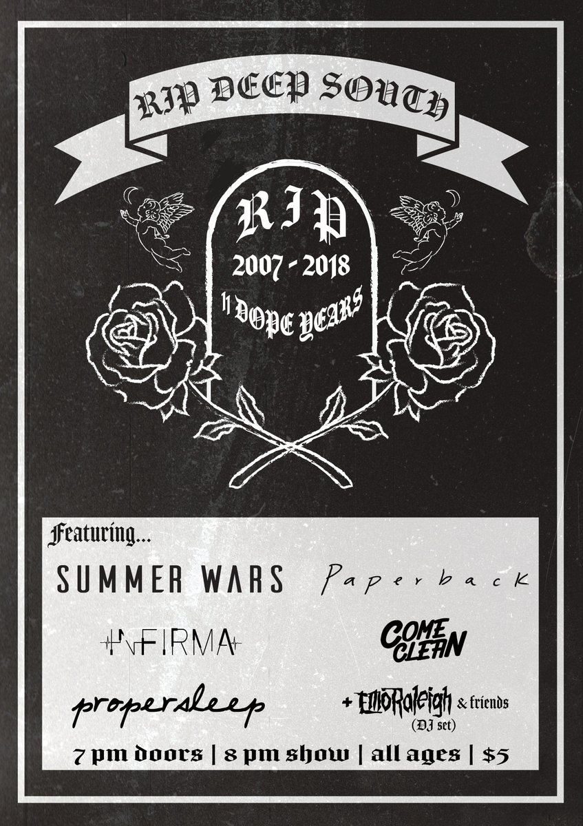 In one week, we say our goodbyes to <a href="/DeepSouthBar/">DeepSouthBar</a> with <a href="/SummerWarsNC/">Summer Wars</a>, <a href="/paperbacknc/">Paperback</a>, Infirma, @propersleeprock, &amp; <a href="/comecleannc/">Come Clean</a>

We'll be closing it out w/ an emo night DJ set w/ the help of some friends

Tix: deepsouththebar.com/event/1803567-… (it'll sell out)
RSVP: facebook.com/events/5645671…