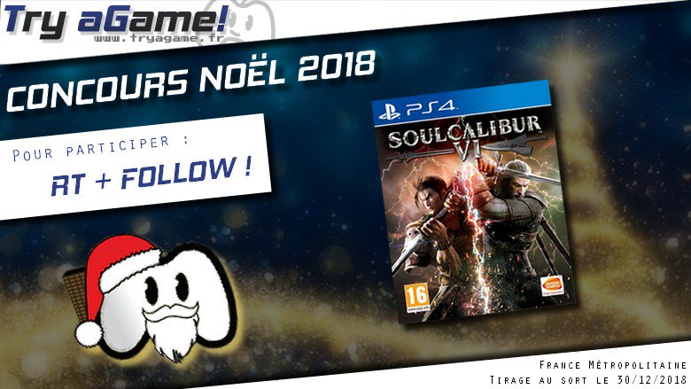 TryAGame's tweet photo. 🎁 #Concours 🎅

En cette période de fêtes, on vous fait gagner une édition de #SoulCaliburVI sur PS4. Pour tenter de la remporter, rien de plus simple :

▶ RT ce tweet + Follow @TryAGame !

Bonne chance à tous ! 🍀 https://t.co/enzeGoW6oL