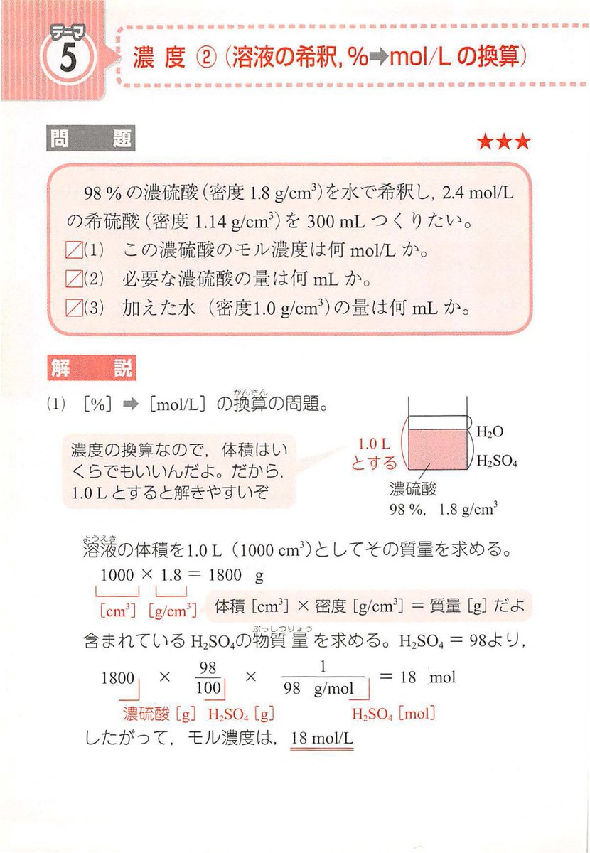 西村能一 科学の名著50冊が1冊でざっと学べる Kadokawa 化学計算問題 5 濃度 溶液の希釈 Mol Lの換算 98 の濃硫酸 密度1 8 G Cm を水で希釈し 2 4 Mol Lの希硫酸 密度1 14 G Cm を300 Ml作りたい 1 この濃硫酸のモル濃度は何mol L