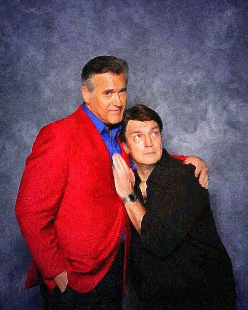 GroovyBruce's tweet image. A holiday portrait. Don’t worry about @NathanFillion. As always, I will protect him.