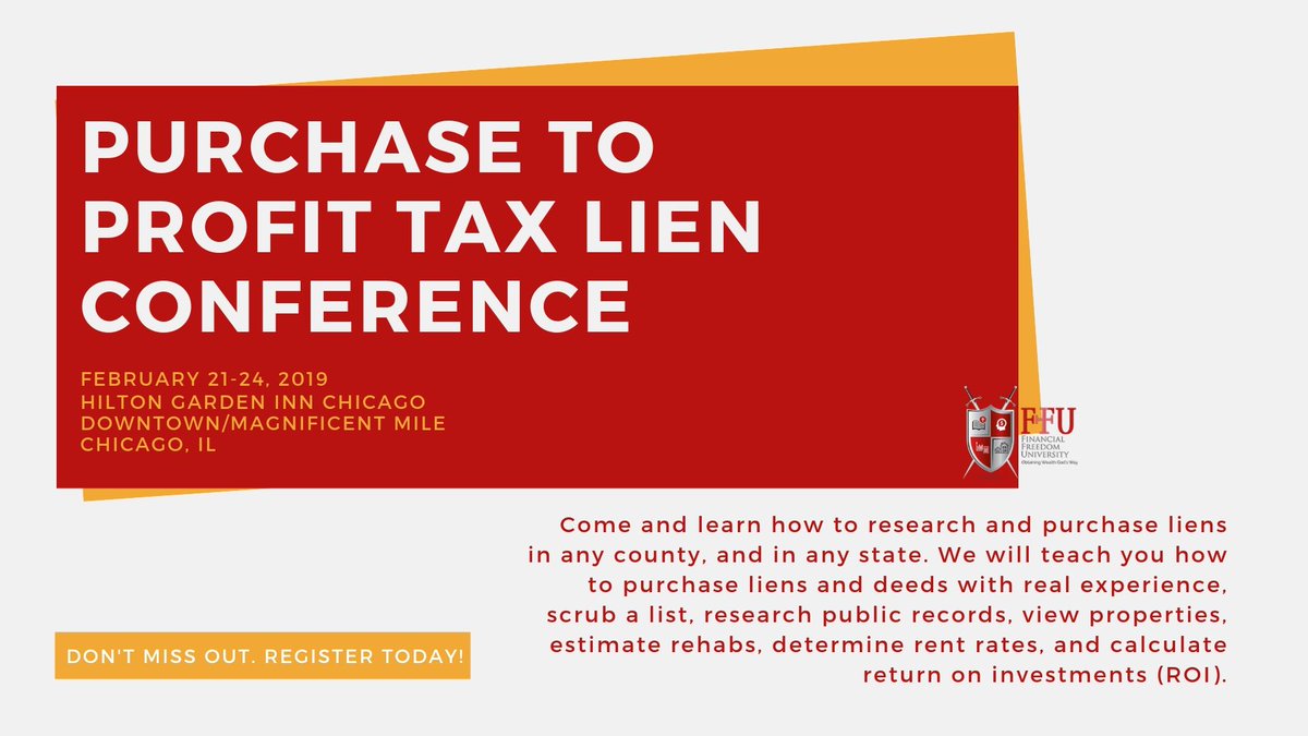 myffucom's tweet photo. There are still seats available for the upcoming 2019 Purchase to Profit Tax Lien Conference. Register now and take advantage of the discount while it is still available. https://t.co/HeLk3ZHZVy #investing #financialeducation #auction #Conference #wahd #wahm #register https://t.co/84R4GxRXMd